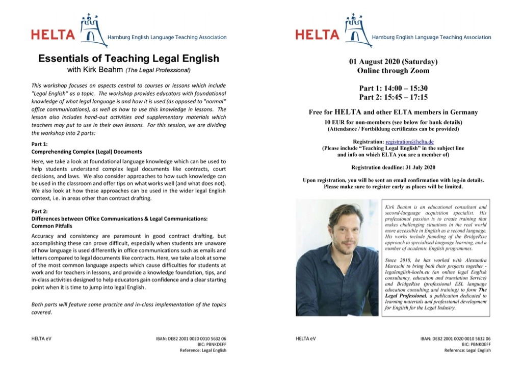 Essentials of Teaching Legal English workshop on August 1st